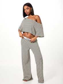 SUMWON WOMEN One Shoulder Crop Top Ribbed Striped Loungewear Summer Vacation - White - View 5