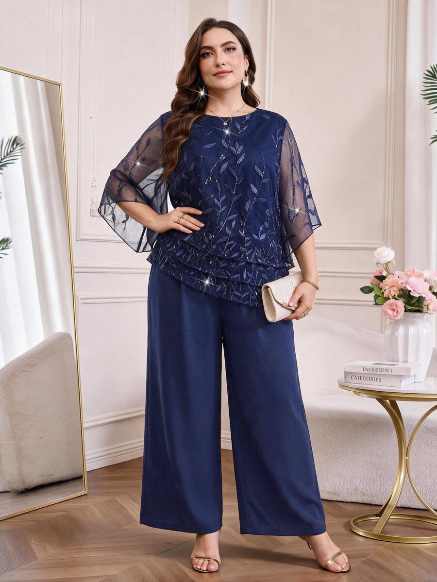 Reflora طقم نسائي أنيق من قطعتين بمقاس كبير مع ملابس علوية شبكية مطرزة بالترتر والزهور وبنطال واسع الساق