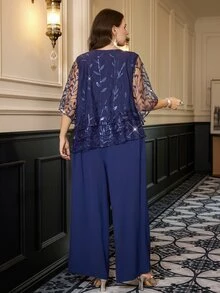 Reflora 大尺碼女款優雅兩件套，花卉亮片刺繡網紗上衣搭配寬腿長褲 - 藏蓝色 - 查看 3