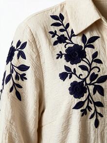 Modelyn 大尺碼女款花卉刺繡襯衫與寬腿褲阿拉伯風套裝 - 彩色 - 查看 4