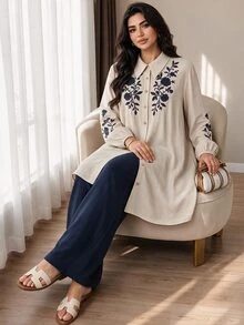 Modelyn 大尺碼女款花卉刺繡襯衫與寬腿褲阿拉伯風套裝 - 彩色 - 查看 1