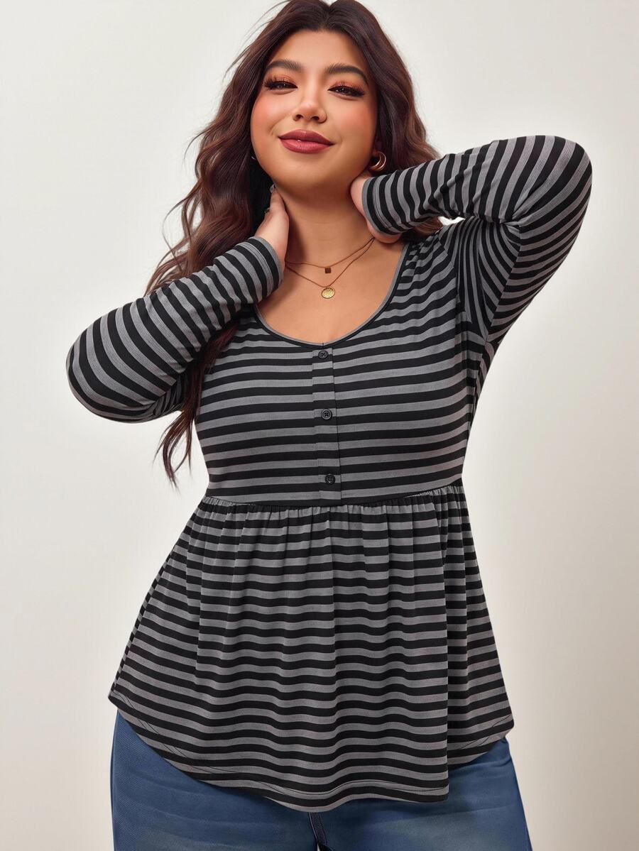 Enliva Plus Size Women's Striped Casual Everyday Stretch Long-Sleeve T-Shirt Apple,Rounded Body Fall Basic Top Casual Blouses For Women - Multicolor - View 1