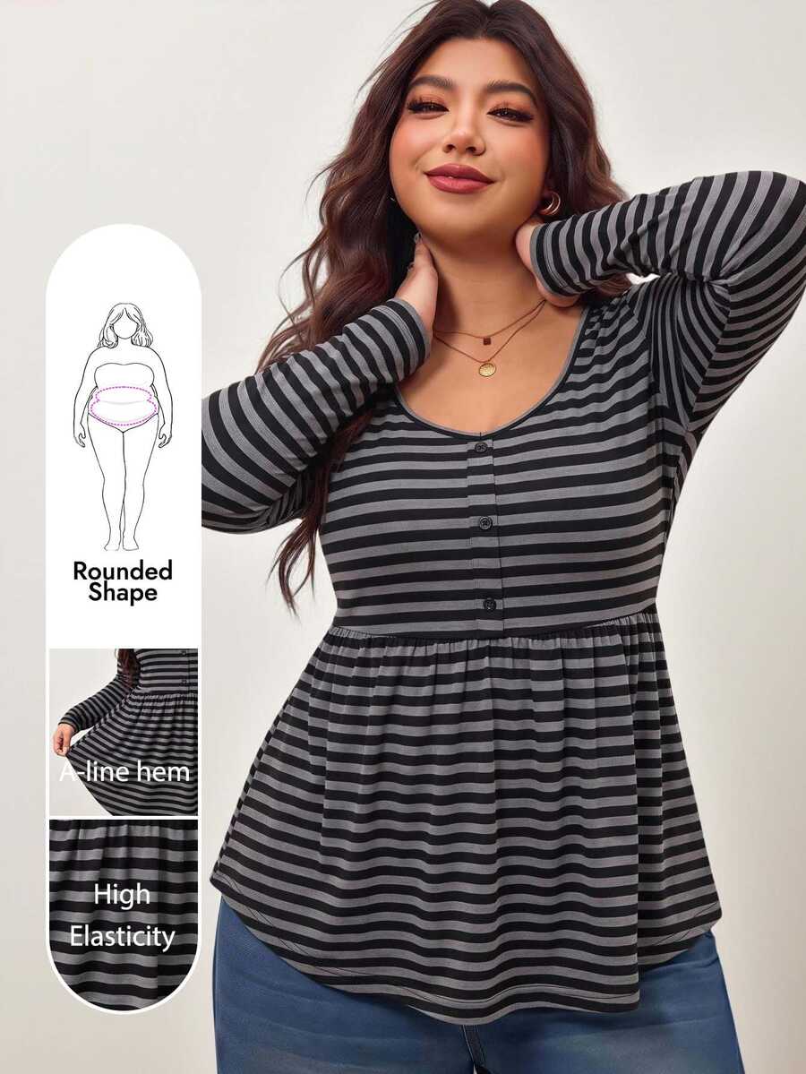 Enliva Plus Size Women's Striped Casual Everyday Stretch Long-Sleeve T-Shirt Apple,Rounded Body Fall Basic Top Casual Blouses For Women - Multicolor - View 1