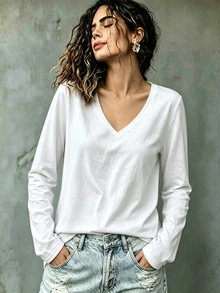 Breezaya Áo thun nữ dáng rộng size lớn màu trắng cổ chữ V tay dài, chất thoải mái đa năng, mặc mùa thu, phong cách lịch sự, mặc nhà, thường ngày - trắng - Xem 5