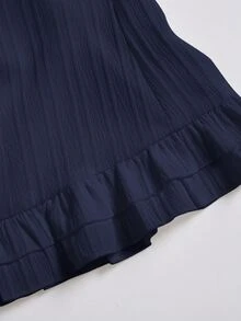 Elamini 女式夏季纯色荷叶边下摆系带腰短袖衬衫 - 藏蓝色 - 查看 8