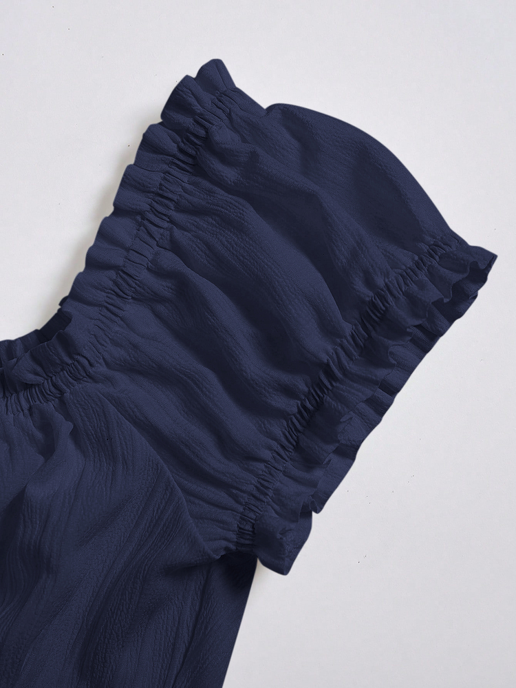 Elamini Women's Summer Solid Color Ruffle Hem Tie Waist Short Sleeve Blouse - Navy Blue - View 7