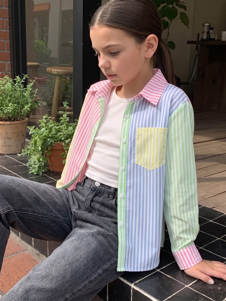 Elladie kids Tween Girls Fall Tops Pink Striped Sun Protection Shirt, Autumn, Korean Style Cute Preppy, Back-To-School, Casual, Outfit, Comfortable School
