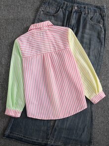 Elladie kids Tween Girls Fall Tops Pink Striped Sun Protection Shirt, Autumn, Korean Style Cute Preppy, Back-To-School, Casual, Outfit, Comfortable School - Multicolor - View 5