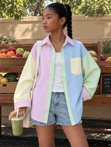 Elladie kids Tween Girls Fall Tops Pink Striped Sun Protection Shirt, Autumn, Korean Style Cute Preppy, Back-To-School, Casual, Outfit, Comfortable School - Multicolor - View 7