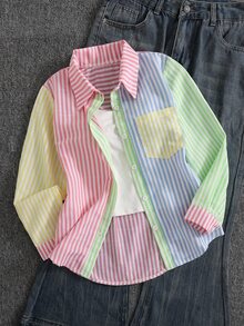 Elladie kids Tween Girls Fall Tops Pink Striped Sun Protection Shirt, Autumn, Korean Style Cute Preppy, Back-To-School, Casual, Outfit, Comfortable School - Multicolor - View 6
