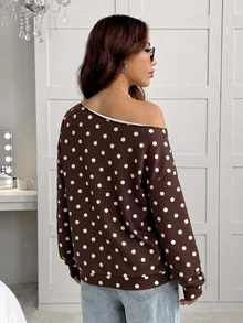 SHEIN EZwear 女款不對稱單肩長袖波點運動衫，返校大學風休閒極簡日常百搭派對機場穿搭 Y2K 上衣，女款秋季服飾，秋季穿搭，女款通勤穿搭，百搭上衣，外出穿搭，機場穿搭 - 彩色 - 查看 2