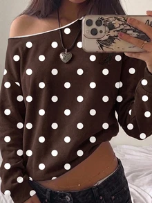 SHEIN EZwear 女款不對稱單肩長袖波點運動衫，返校大學風休閒極簡日常百搭派對機場穿搭 Y2K 上衣，女款秋季服飾，秋季穿搭，女款通勤穿搭，百搭上衣，外出穿搭，機場穿搭 - 彩色 - 查看 1
