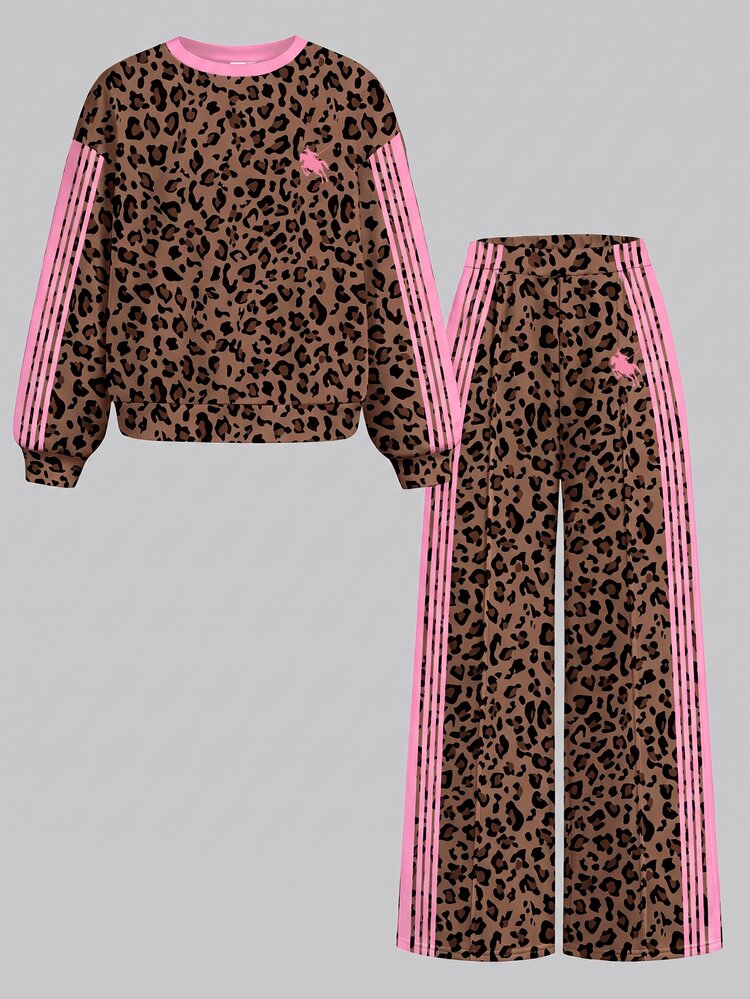 Vintage Fashion Leopard Print Brown & Pink Striped Tween Girl Casual Loose Soft Thick Drop Shoulder Long Sleeve Crew Neck Pullover Sweatshirt & Wide Leg Sweatpants Set, Suitable For Autumn/Winter Daily, Street, Outdoor, Sports, Campus, Back To School - White - View 8