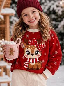 Kids Young Girl Little Deer Pattern Print Long Sleeve Autumn Sweatshirt, Holiday Christmas Gift - Multicolor - View 1