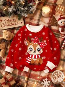 Kids Young Girl Little Deer Pattern Print Long Sleeve Autumn Sweatshirt, Holiday Christmas Gift - Multicolor - View 2