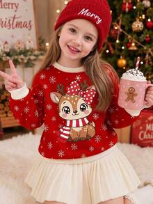 Kids Young Girl Little Deer Pattern Print Long Sleeve Autumn Sweatshirt, Holiday Christmas Gift - Multicolor - View 4