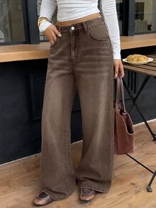 Muchica Celana Jeans Denim Longgar Seksi Ukuran Plus Wanita dengan Kantong Kancing - Coklat - View 5