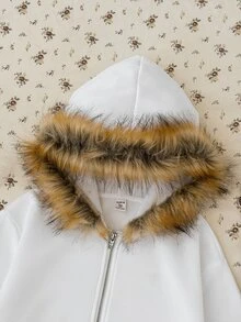 SHEIN Teen Girls Jackets Autumn/Winter New White Knitted Thermal Lined Open Front Hooded Fur Collar Patchwork Jacket - White - View 4