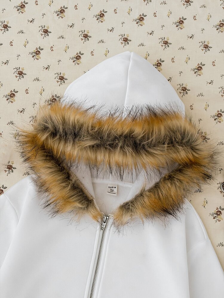 SHEIN Teen Girls Jackets Autumn/Winter New White Knitted Thermal Lined Open Front Hooded Fur Collar Patchwork Jacket - White - View 4