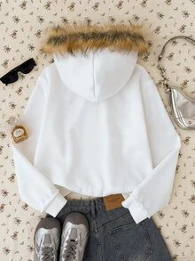SHEIN Teen Girls Jackets Autumn/Winter New White Knitted Thermal Lined Open Front Hooded Fur Collar Patchwork Jacket - White - View 8