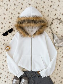 SHEIN Teen Girls Jackets Autumn/Winter New White Knitted Thermal Lined Open Front Hooded Fur Collar Patchwork Jacket - White - View 3
