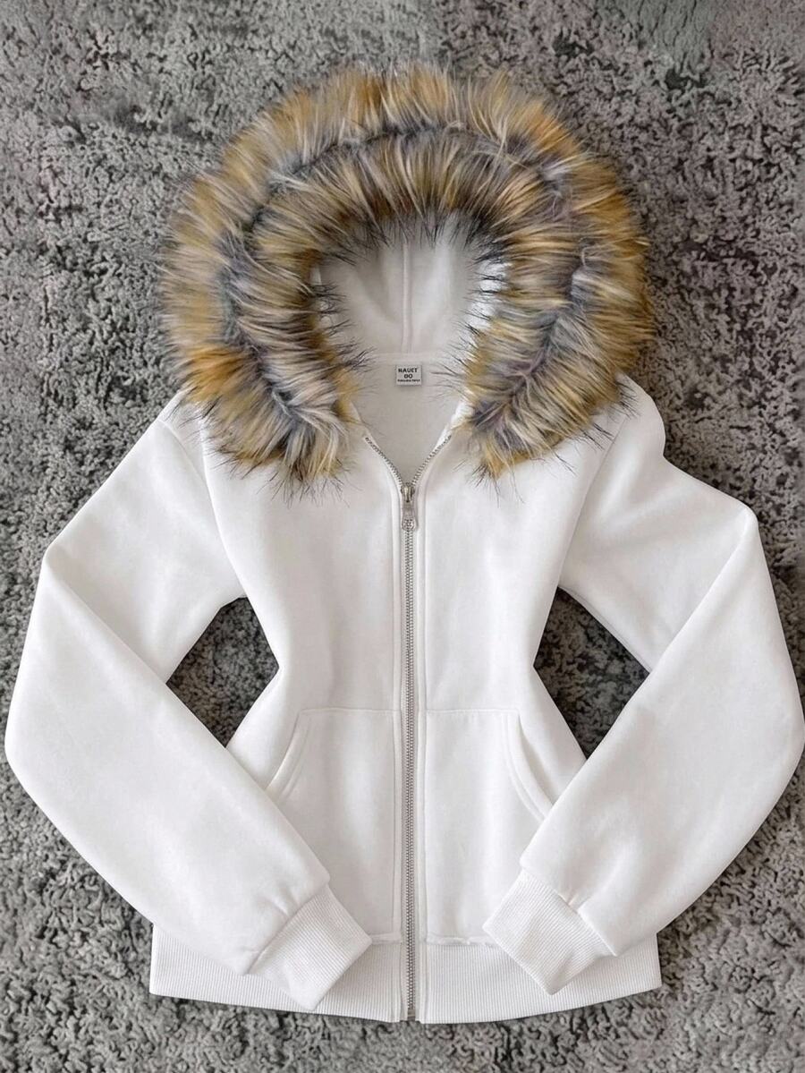 SHEIN Teen Girls Jackets Autumn/Winter New White Knitted Thermal Lined Open Front Hooded Fur Collar Patchwork Jacket - White - View 1