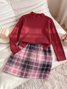 SHEIN 2pcs/Set Girls' Long Sleeve T-Shirt & Plaid Skirt Set, Suitable For Outings, Street Style, Back To School, Campus Wear Autumn Fall - Multicolor - View 4
