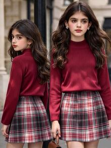 SHEIN 2pcs/Set Girls' Long Sleeve T-Shirt & Plaid Skirt Set, Suitable For Outings, Street Style, Back To School, Campus Wear Autumn Fall - Multicolor - View 1