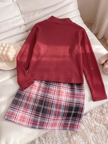 SHEIN 2pcs/Set Girls' Long Sleeve T-Shirt & Plaid Skirt Set, Suitable For Outings, Street Style, Back To School, Campus Wear Autumn Fall - Multicolor - View 2