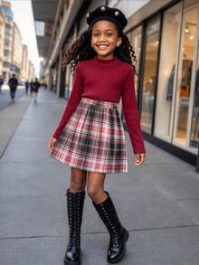 SHEIN 2pcs/Set Girls' Long Sleeve T-Shirt & Plaid Skirt Set, Suitable For Outings, Street Style, Back To School, Campus Wear Autumn Fall - Multicolor - View 3
