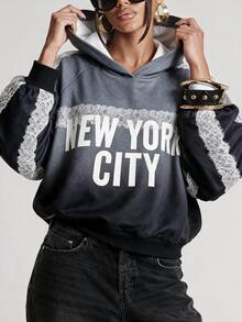 Gowayae Gowayae Fall Clothes For Women Grey Colorblock NYC Print Lace Trim Sweatshirt Oversized Y2K Graphic Sweatshirt - Black - View 2