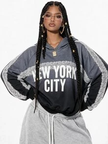 Gowayae Gowayae Fall Clothes For Women Grey Colorblock NYC Print Lace Trim Sweatshirt Oversized Y2K Graphic Sweatshirt - Black - View 3