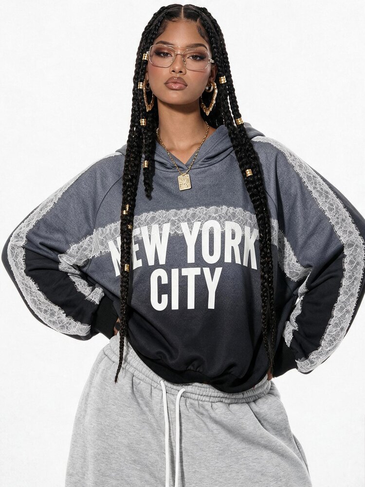 Gowayae Gowayae Women's Gradient Grey Lace Patchwork Hooded Long Sleeve Sweatshirt - Black - View 3