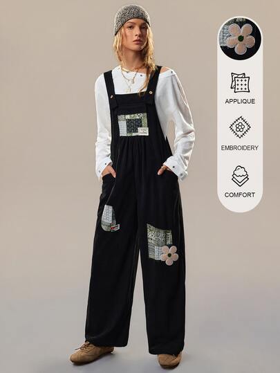 SHEIN Women's Autumn And Winter Bohemian Corduroy Black All-In-One Pants, Retro Patchwork Corduroy Strap Wide-Leg Pants, Suitable For Daily Outings, Shoppin