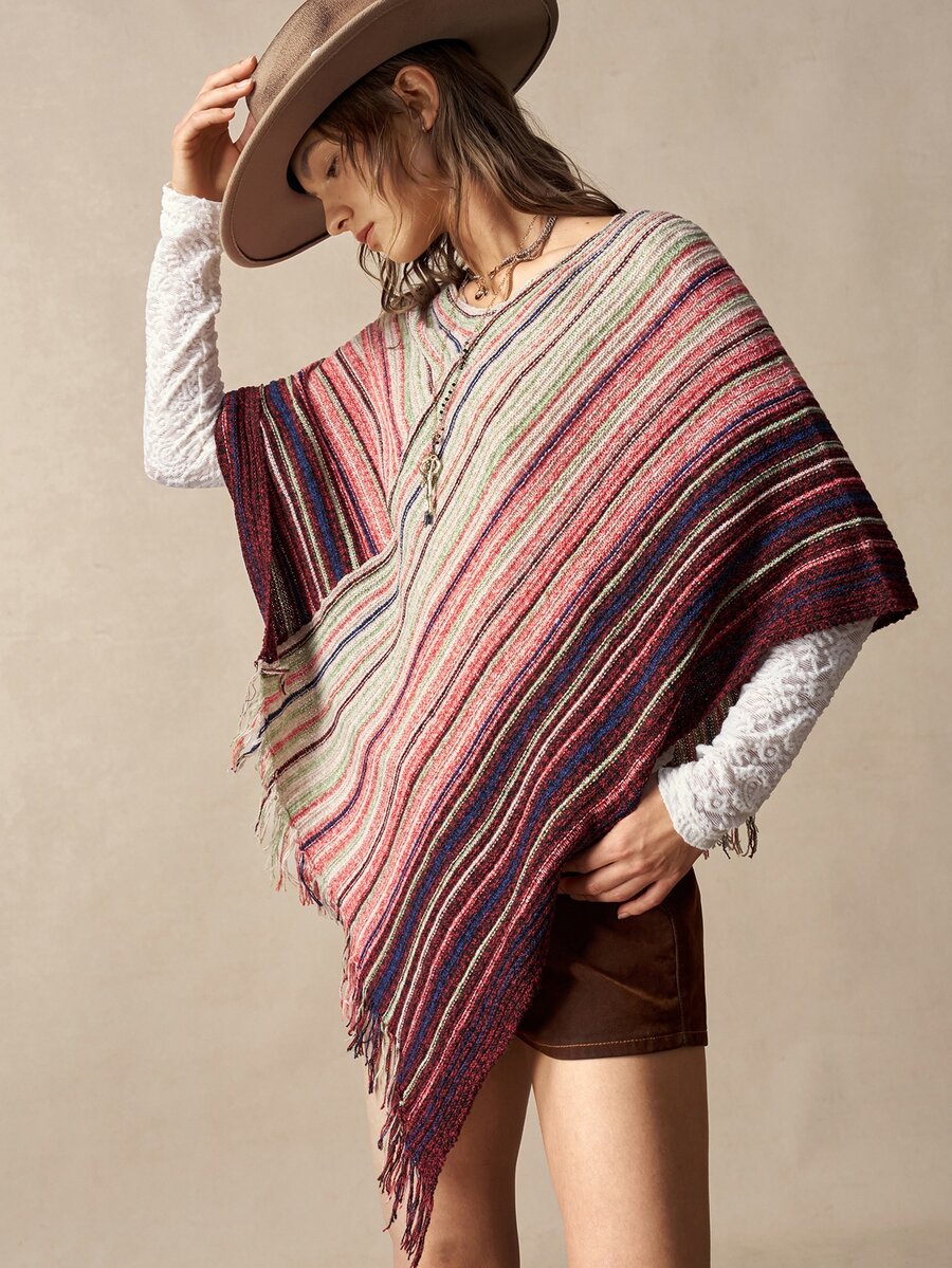 Bohemela Women's Vintage Striped Boho Loose-Fit Crew-Neck Poncho Sweater For Fall, Perfect For Vacations, Going Out, And Halloween Outfits - Multicolor - View 1