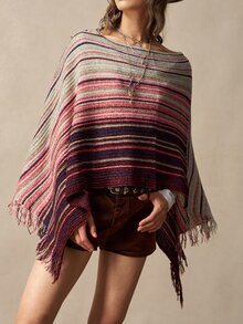 Bohemela Women's Vintage Striped Boho Loose-Fit Crew-Neck Poncho Sweater For Fall, Perfect For Vacations, Going Out, And Halloween Outfits - Multicolor - View 3