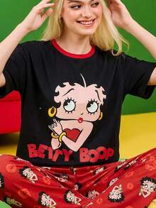 Betty Boop x SHEIN 女款圓領短袖T恤與長褲睡衣套裝 - 彩色 - 查看 3