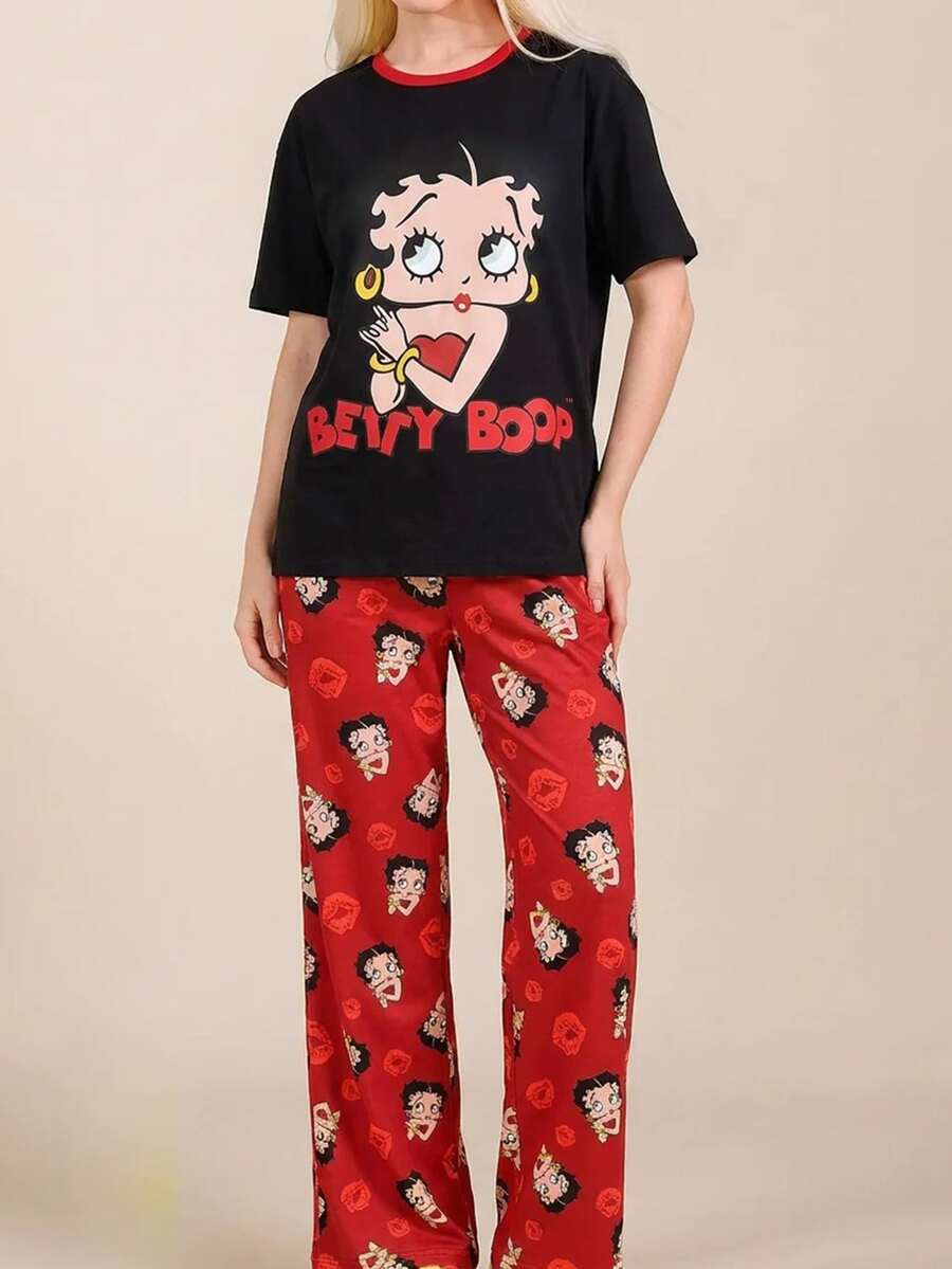 Betty Boop x SHEIN 女款圓領短袖T恤與長褲睡衣套裝 - 彩色 - 查看 1