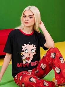 Betty Boop x SHEIN 女款圓領短袖T恤與長褲睡衣套裝 - 彩色 - 查看 5