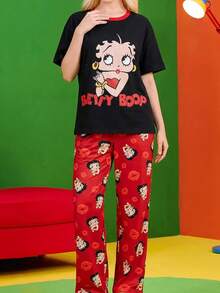 Betty Boop x SHEIN 女款圓領短袖T恤與長褲睡衣套裝 - 彩色 - 查看 4