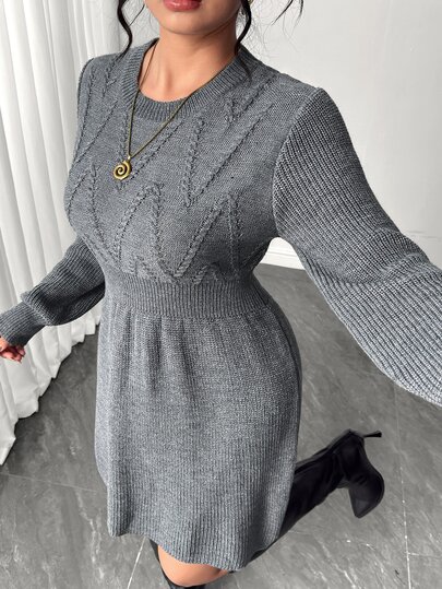 Elenzga Plus Size Women's Round Neck Long Sleeve Cinched Waist Casual Básica Elegant Knit Dress Office Formal Grey Fall Winter