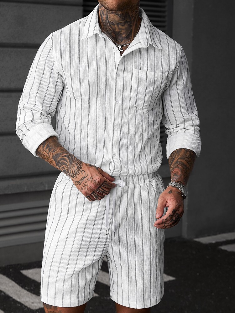 SLATEMANN Men's Casual Striped Long Sleeve Shirt And Drawstring Shorts Set - White - View 7