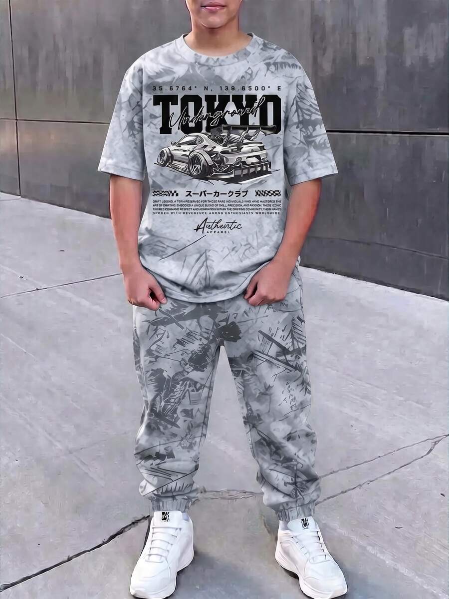 兒童青少年男孩字母圖案短袖T恤與長褲休閒日常穿搭套裝 - 彩色 - 查看 1
