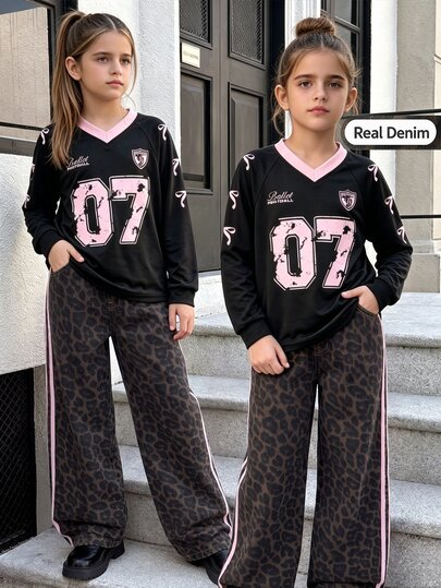 SHEIN Sparklyn Girls' American Vintage Y2K Leopard Print Wide Leg Denim Jeans, Pink Side Stripe Elastic High Waist Loose Straight Leg Washed Casual Long Pants