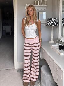 SHEIN EZwear 女款秋冬居家服 極簡舒適甜美休閒草莓粉學院風 條紋雙層收腰設計鈕扣不對稱米色極簡針織褲，適合日常穿著、秋冬、日常通勤、約會、聚會、夏季、派對、婚禮、海灘、畢業典禮等場合，優雅休閒，適合外出，Y2K - 彩色 - 查看 5