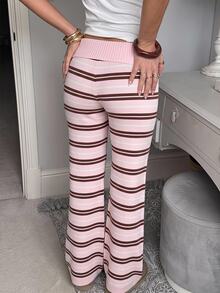 SHEIN EZwear 女款秋冬居家服 極簡舒適甜美休閒草莓粉學院風 條紋雙層收腰設計鈕扣不對稱米色極簡針織褲，適合日常穿著、秋冬、日常通勤、約會、聚會、夏季、派對、婚禮、海灘、畢業典禮等場合，優雅休閒，適合外出，Y2K - 彩色 - 查看 2
