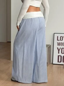 Coolane 女款大尺碼夏秋外出優雅鄉村音樂會海灘度假波西米亞風純棉藍白條紋中腰寬腿褲 - 藍白色 - 查看 4