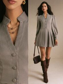 Poéselle Women's Houndstooth Cutout V-Neck Long Sleeve Pleated Hem Mini Dress - Coffee - View 3