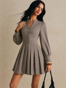 Poéselle Women's Houndstooth Cutout V-Neck Long Sleeve Pleated Hem Mini Dress - Coffee - View 2