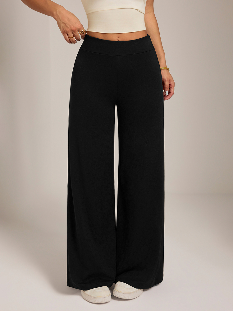 SHEIN PETITE Women's Solid Straight Leg Pants Lounge Black Casual Basic,High Cotton Wide Leg Pants,Suitable For Work,Daily Outings And School,Autumn/Winter,Petite - Black - View 8